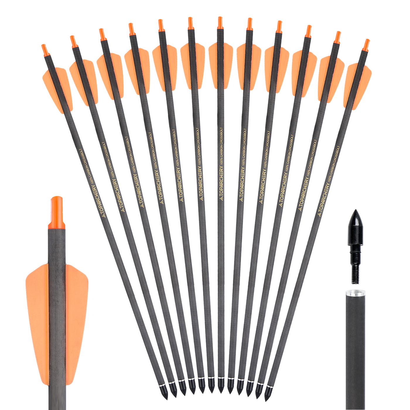 12x TopArchery 15" Archery Carbon Crossbow Bolts Arrows Spine 350 Green/Orange/Red OD 7.5mm ID 6.2mm