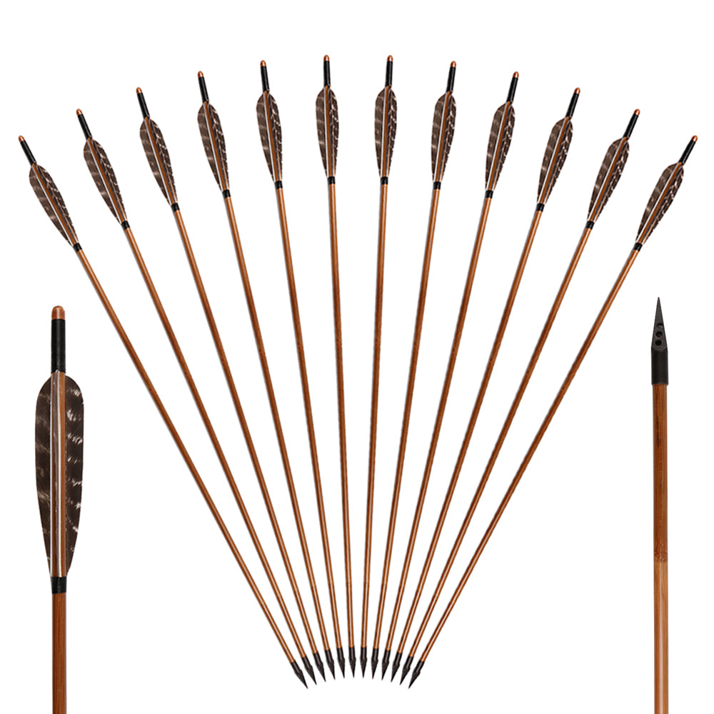 12x 31" Parabolic Natural Barred Feather Fletched Bamboo Archery Arrows with Tapered Broadheads