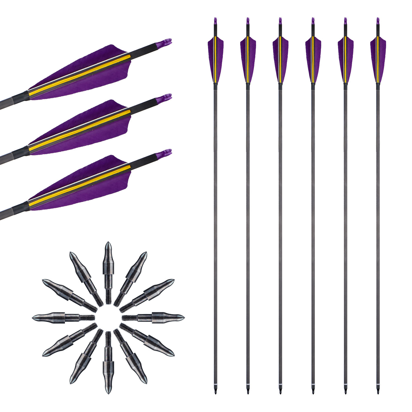 12x 32" OD 7.5mm ID 6.2mm Straightness 0.003 Spine 400 4" Shield Turkey Field Feather Pure Carbon Archery Arrows