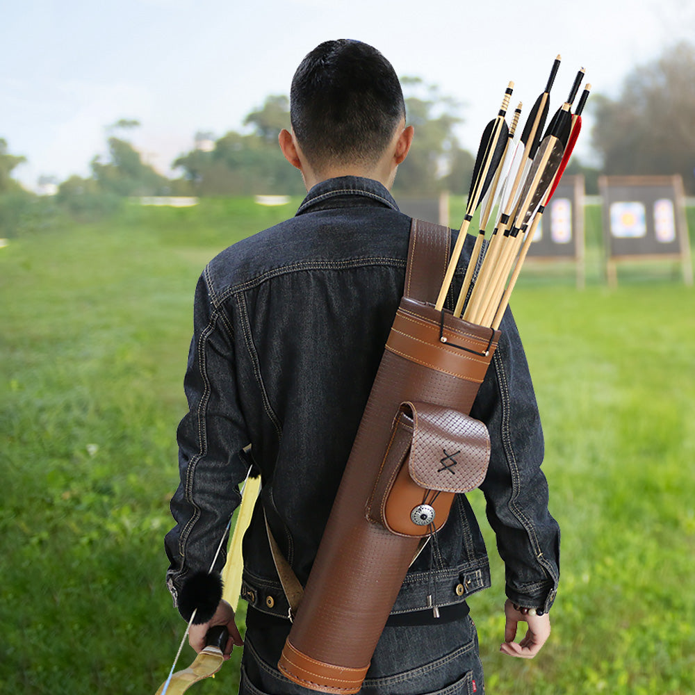 Quiver Quiver Of Arrows Vintage HAND TOOLED LEATHER BACK QUIVER + 8 ARROWS