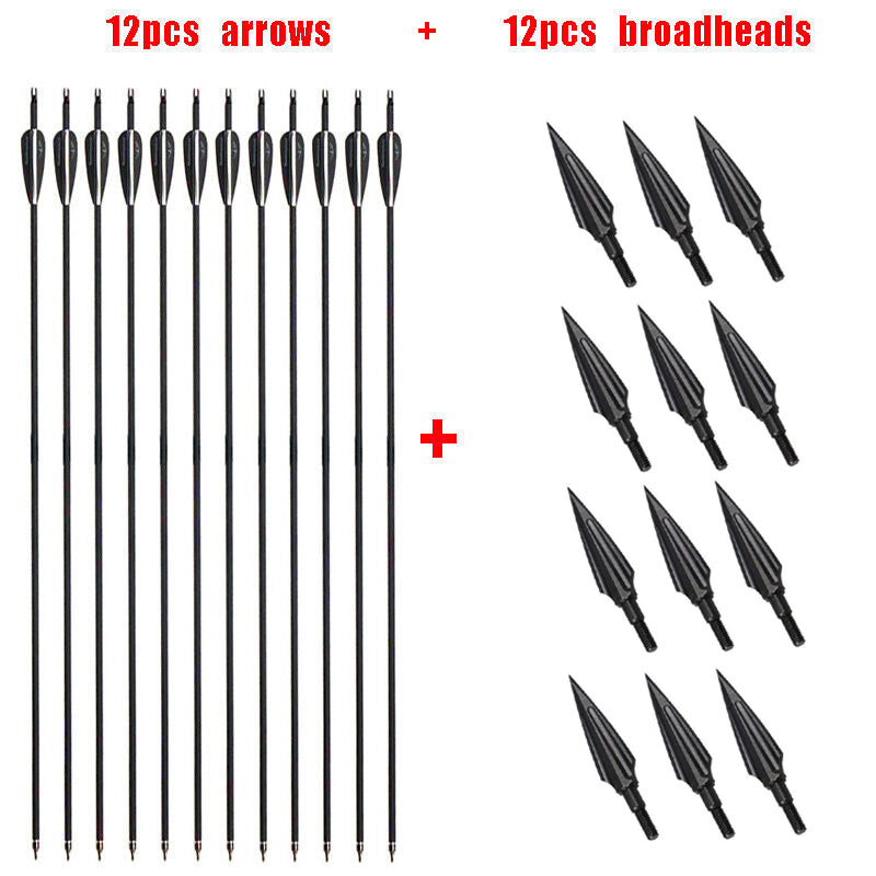 12pcs 31" Hunting Carbon Arrows 12pcs Broadheads Outdoor Archery