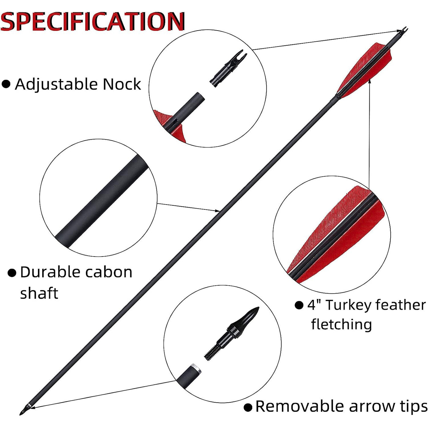 12x 31" Turkey Feather Carbon Fiber Arrows Archery Fletched Arrows for Recurve/Compound Traditional Bow