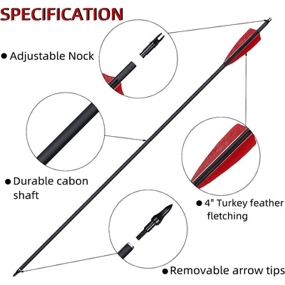 12x 31" Turkey Feather Carbon Fiber Arrows Archery Fletched Arrows for Recurve/Compound Traditional Bow