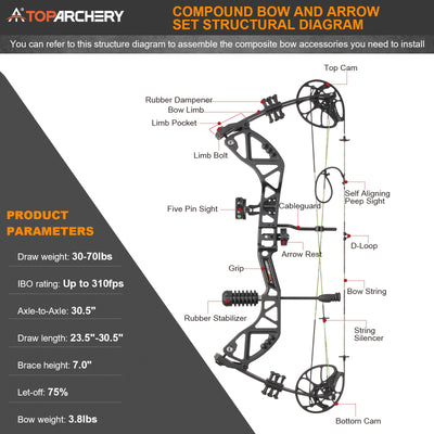 30-70lbs TopArchery T7 Archery Compound Bow Arrows Set