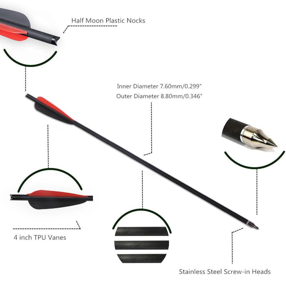 12X 20" Carbon Crossbow Bolts Arrows with 4" Vanes Replaced Arrowhead Tip with 6pcs 100grain Hunting Broadheads