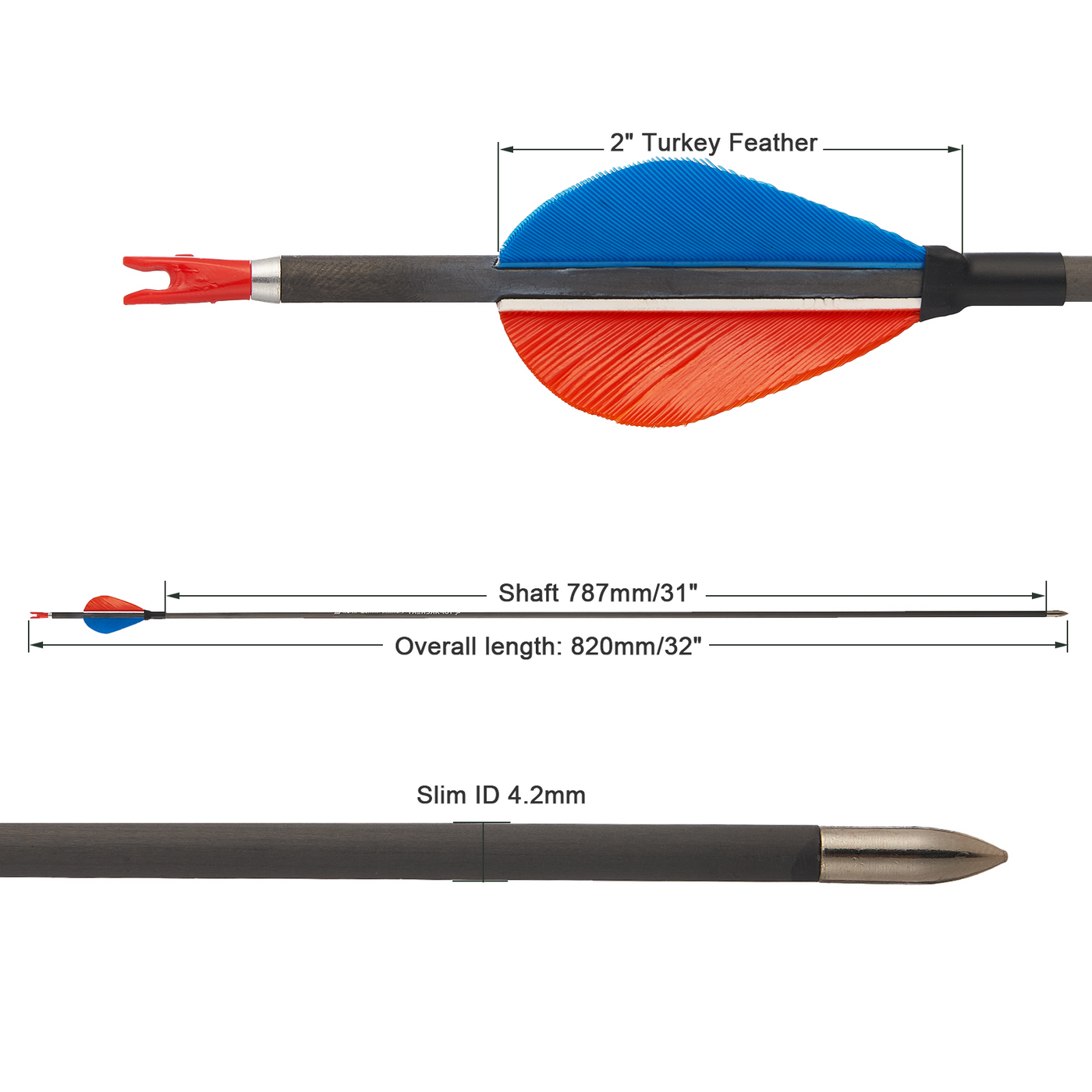 12x 32" ID 4.2mm Slim Turkey Feather Pure Carbon Archery Fletched Arrows Spine 500/700/900 Blue/Orange For Target Practice