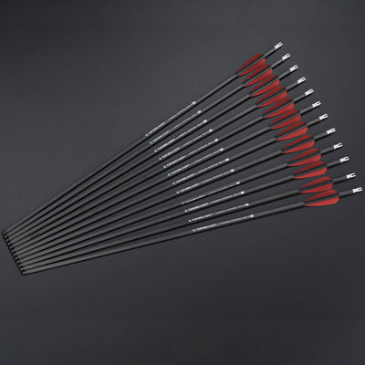 12x 24" OD 7mm Spine 250 Kids Black/Red Fletched Pure Carbon Archery Arrows for Compound