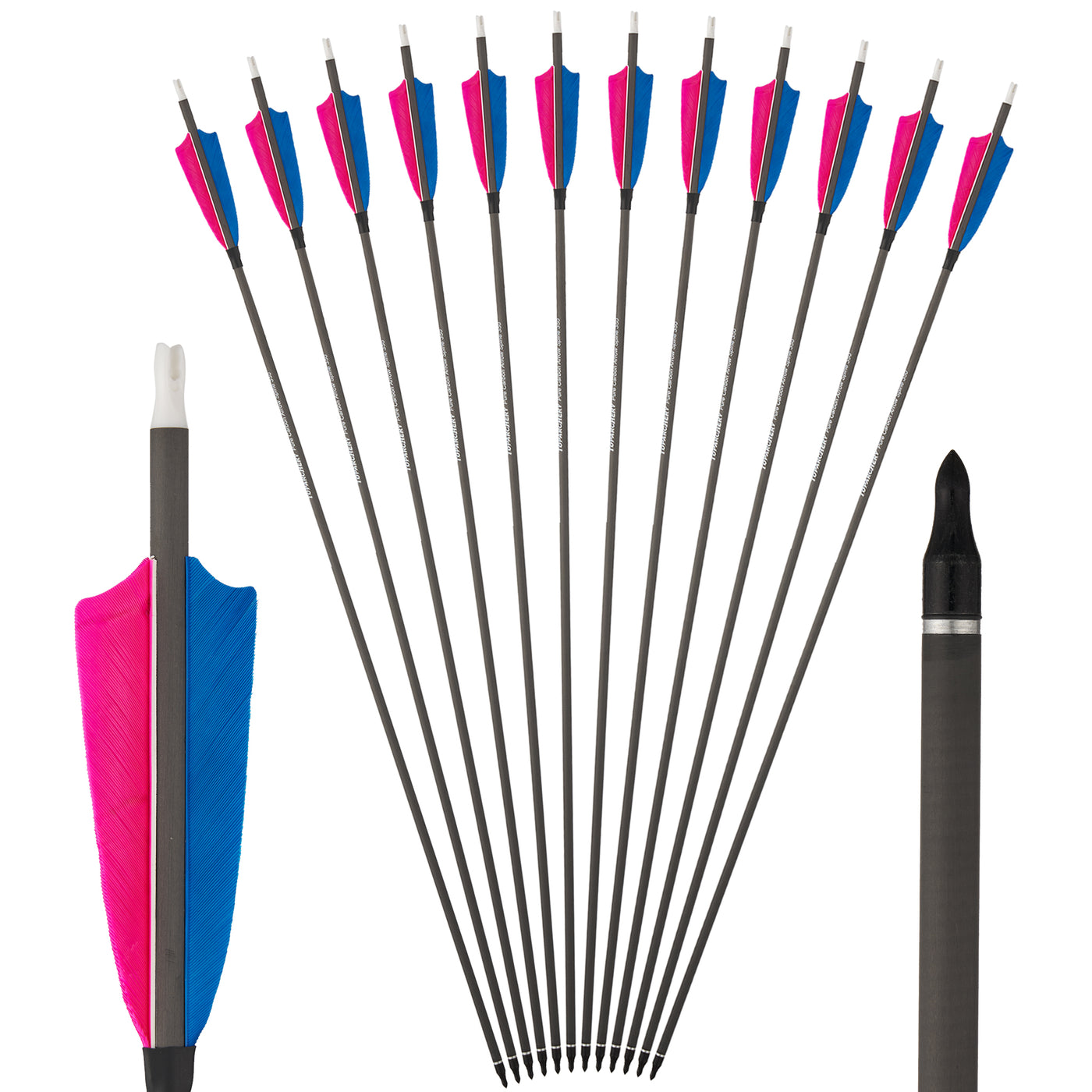 12x 32" OD 7.5mm ID 6.2mm Spine 350 0.003 Straightness Pure Carbon Archery Arrows 4" Shield Feather