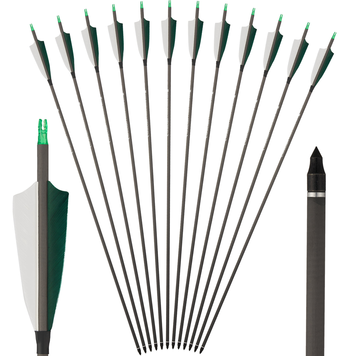 12x 32" OD 7.5mm ID 6.2mm Spine 400 Green Shield Turkey Feather Pure Carbon Archery Arrows