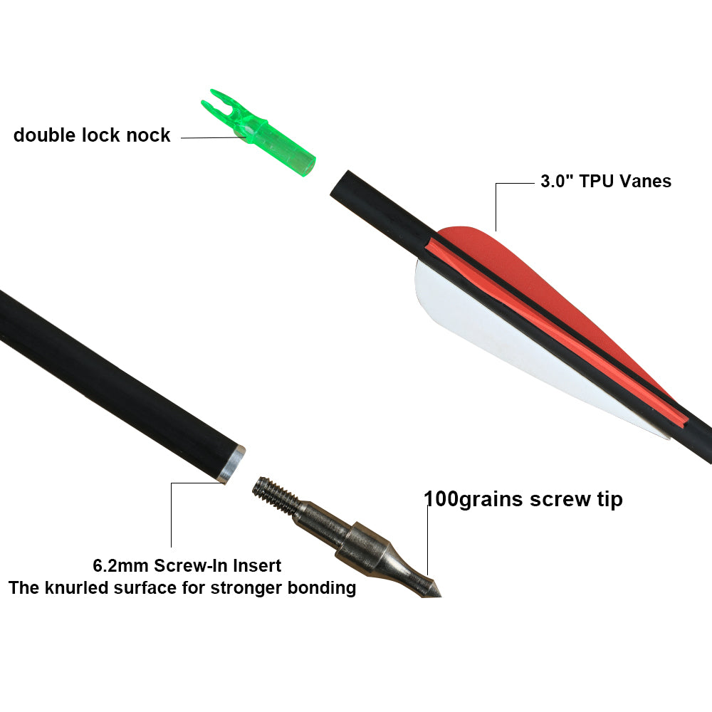 30/40lbs Archery Recurve Bow with 12x Carbon Arrows Tube Quiver Paper Practice Target Hiking