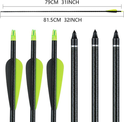 12x 31" OD 7.8mm Spine 650 Green Fletched Fiberglass Archery Arrows Replaceable Tips