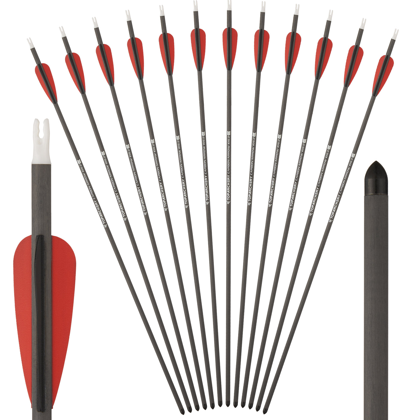 12x 24" OD 7mm Spine 250 Kids Black/Red Fletched Pure Carbon Archery Arrows for Compound