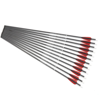12x 24" OD 7mm Spine 250 Kids Black/Red Fletched Pure Carbon Archery Arrows for Compound