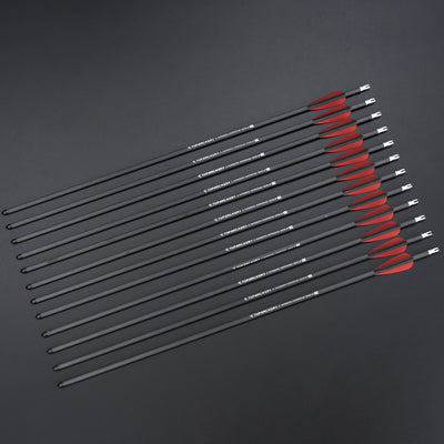 12x 24" OD 7mm Spine 250 Kids Black/Red Fletched Pure Carbon Archery Arrows for Compound