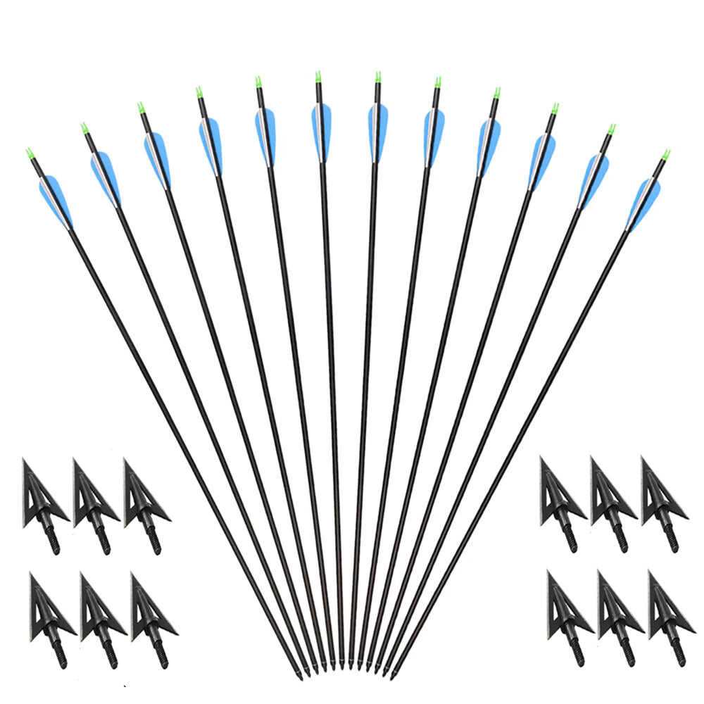 12pcs 31" Hunting Carbon Arrows 12pcs Broadheads Outdoor Archery