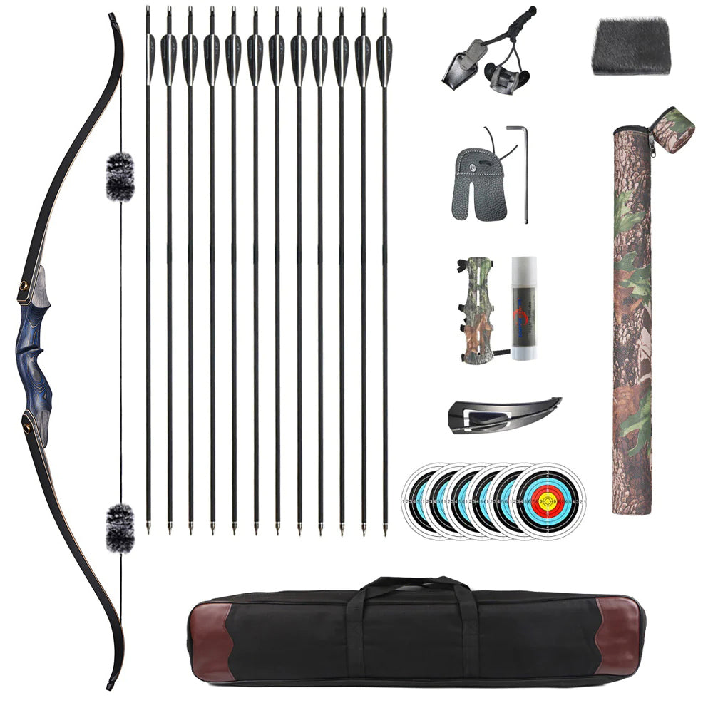 60" Archery 25-50lbs Takedown Recurve Bow Carbon Arrows Kit Wood Riser Left/Right Handed Hunt Shooting Sport Recreational Hiking