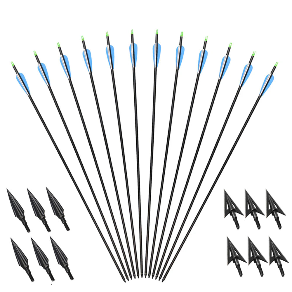 12pcs 31" Hunting Carbon Arrows 12pcs Broadheads Outdoor Archery