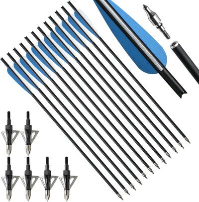 12X 20" Carbon Crossbow Bolts Arrows with 4" Vanes Replaced Arrowhead Tip with 6pcs 100grain Hunting Broadheads