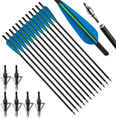 12X 20" Carbon Crossbow Bolts Arrows with 4" Vanes Replaced Arrowhead Tip with 6pcs 100grain Hunting Broadheads