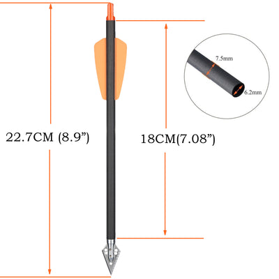 12x 9" Pure Carbon Crossbow Bolts with 2-blade Broadheads OD 7.5mm ID 6.2mm 2-vane Fletchings For Hunting Pistol