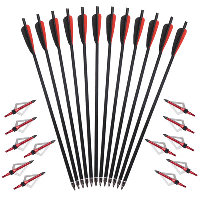 12x 20 22 Inch Archery Carbon Crossbow Bolts Arrows and 12x Broadheads Set 4" Vane Replaced Arrowhead for Hunting Outdoor Practice