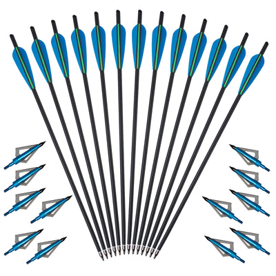 12x 20 22 Inch Archery Carbon Crossbow Bolts Arrows and 12x Broadheads Set 4" Vane Replaced Arrowhead for Hunting Outdoor Practice