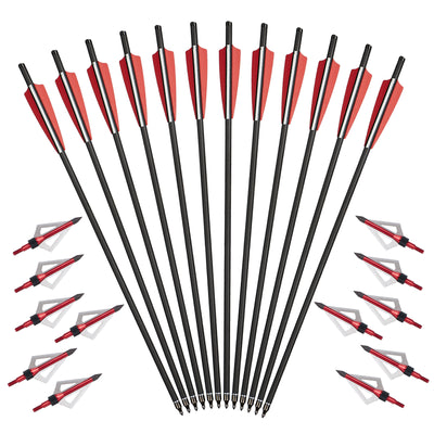 12x 20 22 Inch Archery Carbon Crossbow Bolts Arrows and 12x Broadheads Set 4" Vane Replaced Arrowhead for Hunting Outdoor Practice