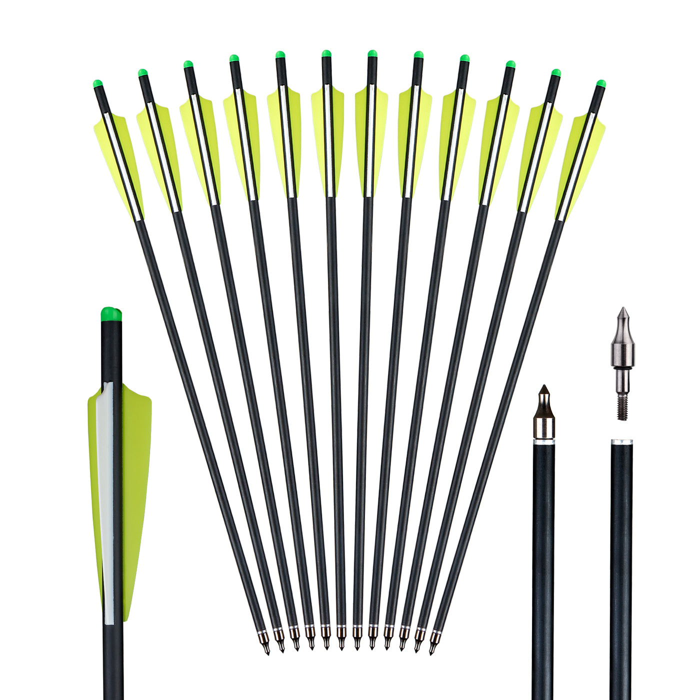 12x 20" OD 8.8mm ID 7.6mm Carbon Crossbow Arrows 4" Blue White Vanes Replaceable Tips
