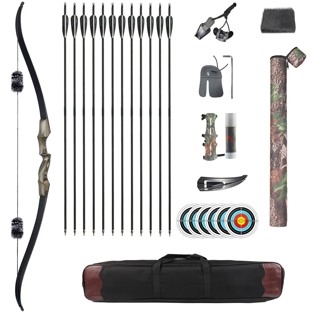 60" Archery 25-50lbs Takedown Recurve Bow Carbon Arrows Kit Wood Riser Left/Right Handed Hunt Shooting Sport Recreational Hiking