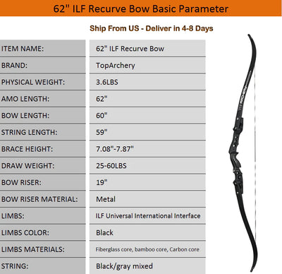 62" TopArchery Heavenly Soul ILF Laminated Takedown Recurve Archery Bow Black Limbs 19" Aluminum Riser for Hunting Target 25-60lbs