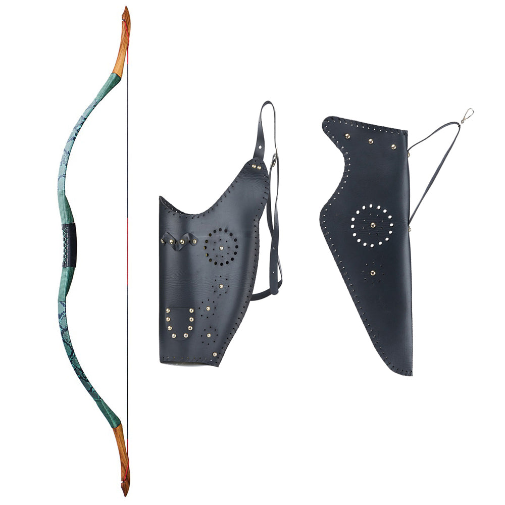 50" Green Pattern Wood Traditional Mongolian Horse Bow With Bow Bag Thumb Ring Hand Glove 20/25/30/40/45/50lbs