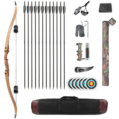 60" Archery 25-50lbs Takedown Recurve Bow Carbon Arrows Kit Wood Riser Left/Right Handed Hunt Shooting Sport Recreational Hiking