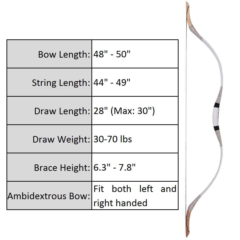 30-70lbs 51" Traditional Recurve Bow Archery Mongolian Style Horsebow White Cow Leather Hunting
