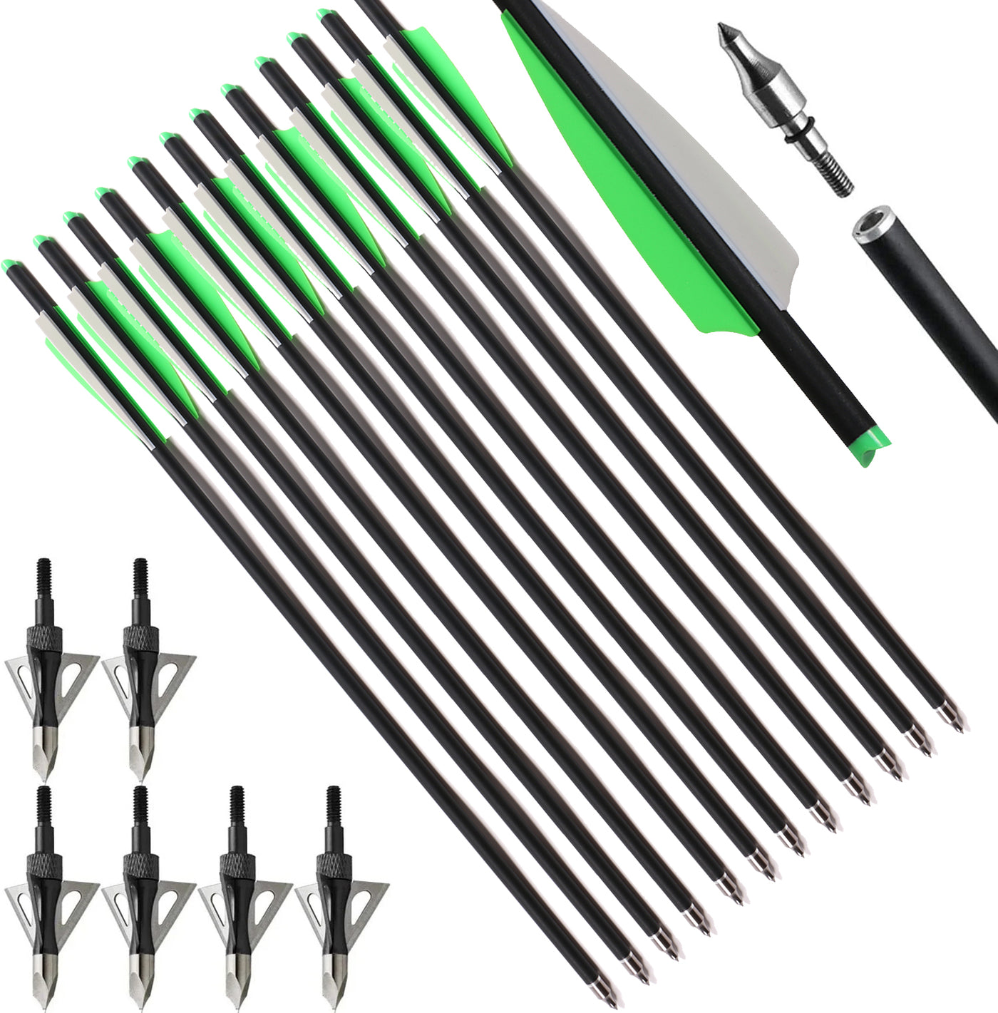 12X 20" Carbon Crossbow Bolts Arrows with 4" Vanes Replaced Arrowhead Tip with 6pcs 100grain Hunting Broadheads