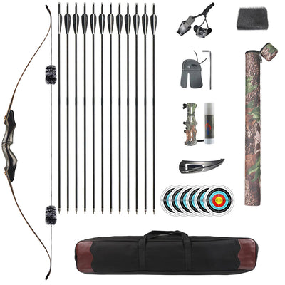 60" Archery 25-50lbs Takedown Recurve Bow Carbon Arrows Kit Wood Riser Left/Right Handed Hunt Shooting Sport Recreational Hiking