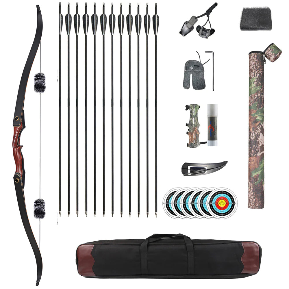 60" Archery 25-50lbs Takedown Recurve Bow Carbon Arrows Kit Wood Riser Left/Right Handed Hunt Shooting Sport Recreational Hiking