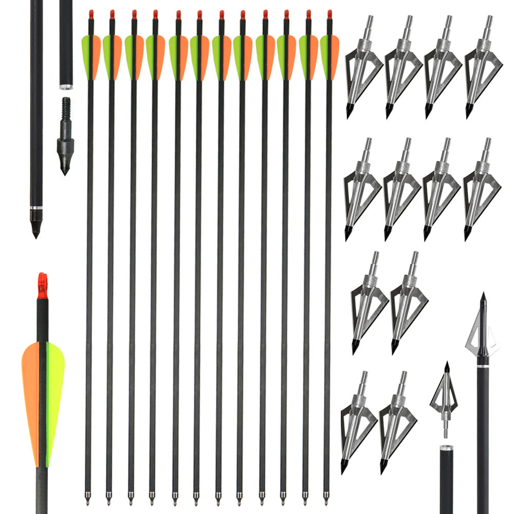 12x 31" Mixed Carbon Arrows and 12x 125-grain Screw-in Silver Broadheads