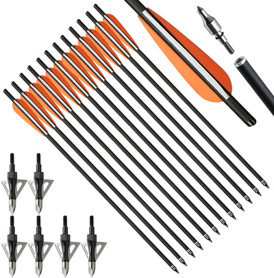 12X 20" Carbon Crossbow Bolts Arrows with 4" Vanes Replaced Arrowhead Tip with 6pcs 100grain Hunting Broadheads