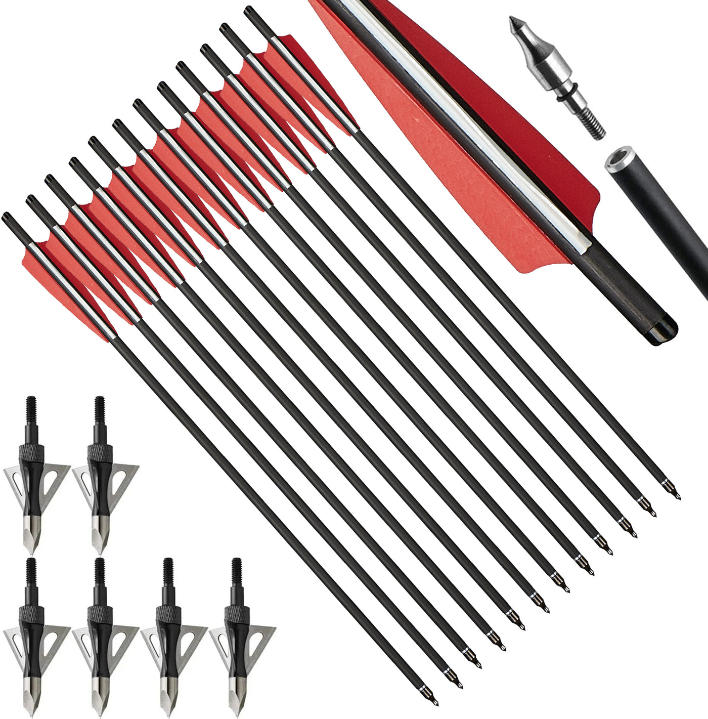 12X 20" Carbon Crossbow Bolts Arrows with 4" Vanes Replaced Arrowhead Tip with 6pcs 100grain Hunting Broadheads