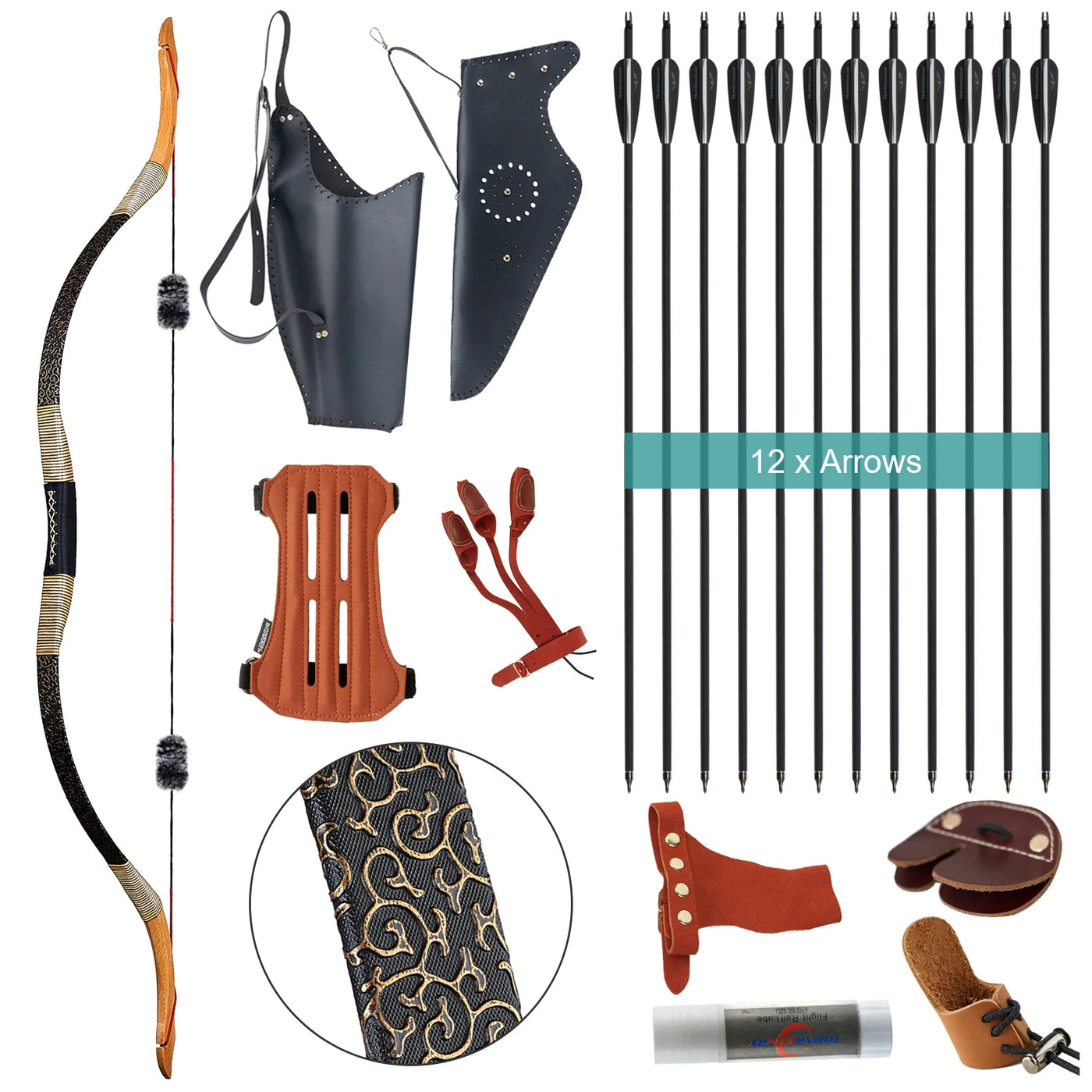 Mongolian Traditional Recurve Bow Carbon Arrows Kit Bow Bag Archery Hunting Target Recreational Camping Hiking