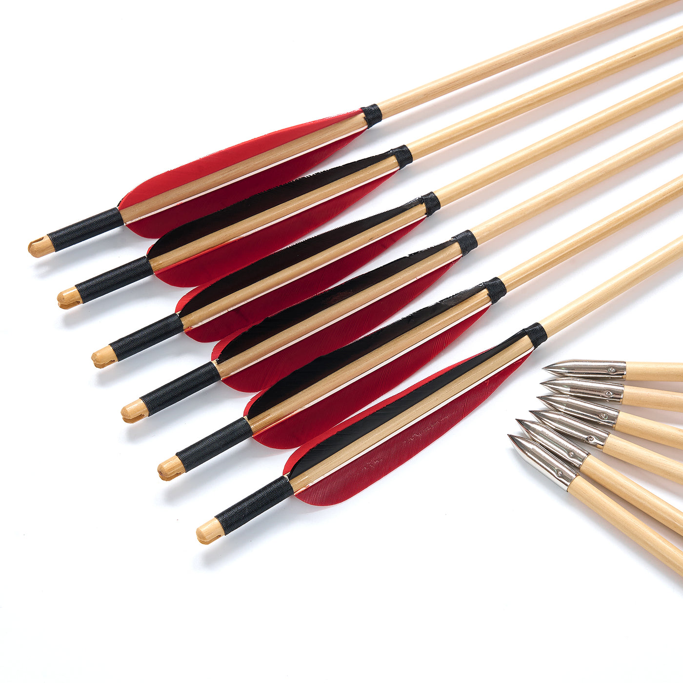 12x 32" OD 8mm Fletched Trad Archery Wooden Arrows 5in Black/Red Turkey Feather Target Field Points Handmade For Recurve Bow Longbow Practice Shooting