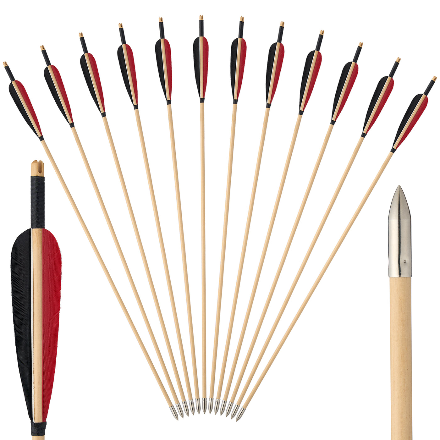 12x 32" OD 8mm Fletched Trad Archery Wooden Arrows 5in Black/Red Turkey Feather Target Field Points Handmade For Recurve Bow Longbow Practice Shooting