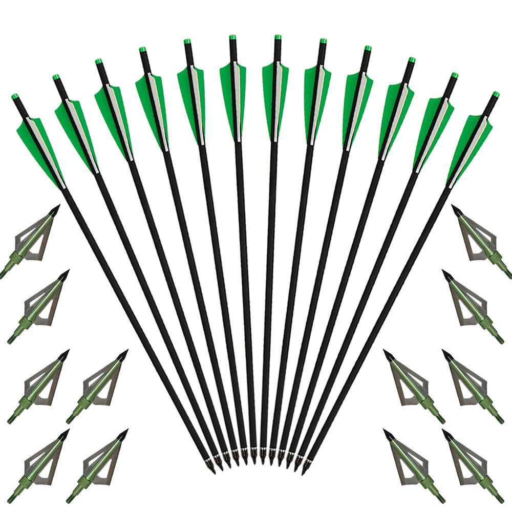 12x 20 22 Inch Archery Carbon Crossbow Bolts Arrows and 12x Broadheads Set 4" Vane Replaced Arrowhead for Hunting Outdoor Practice