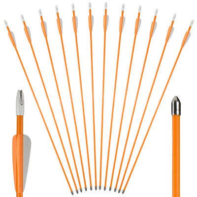 12x 27" OD 7mm Orange Shaft Kids Fiberglass Archery Arrows Fixed Tips
