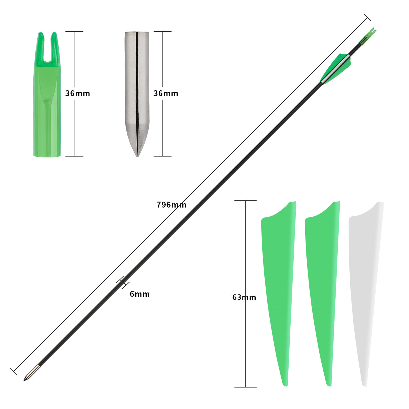 12x 31" Skinny Slim OD 6mm Spine 1000 Fiberglass Archery Arrows Green Over Nocks Fixed Tips for Compound Bow