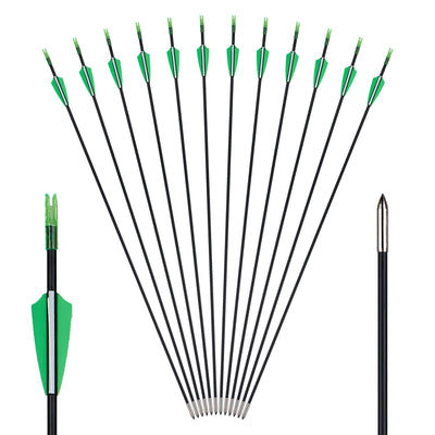 12x 31" Skinny Slim OD 6mm Spine 1000 Fiberglass Archery Arrows Green Over Nocks Fixed Tips for Compound Bow