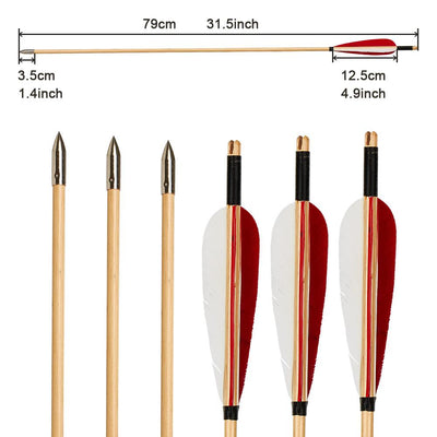 31.5" 6x Target and 6x Hunting Wood Fletched Archery Arrows Parabolic Turkey Feather Target Hunting Tips