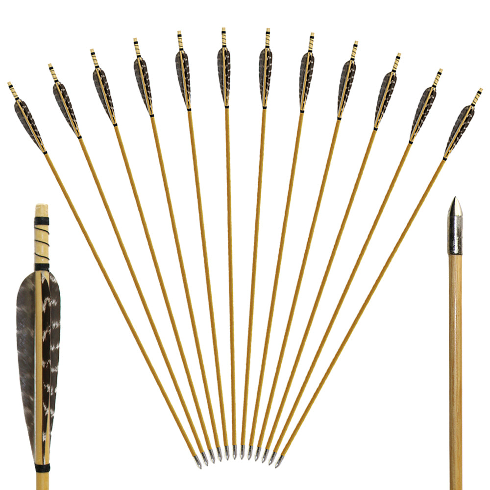 12x 31.5" Fletched Trad Archery Wooden Arrows 5 Inch Turkey Feather Target Field Points Handmade For Recurve Bow Longbow Practice Shooting