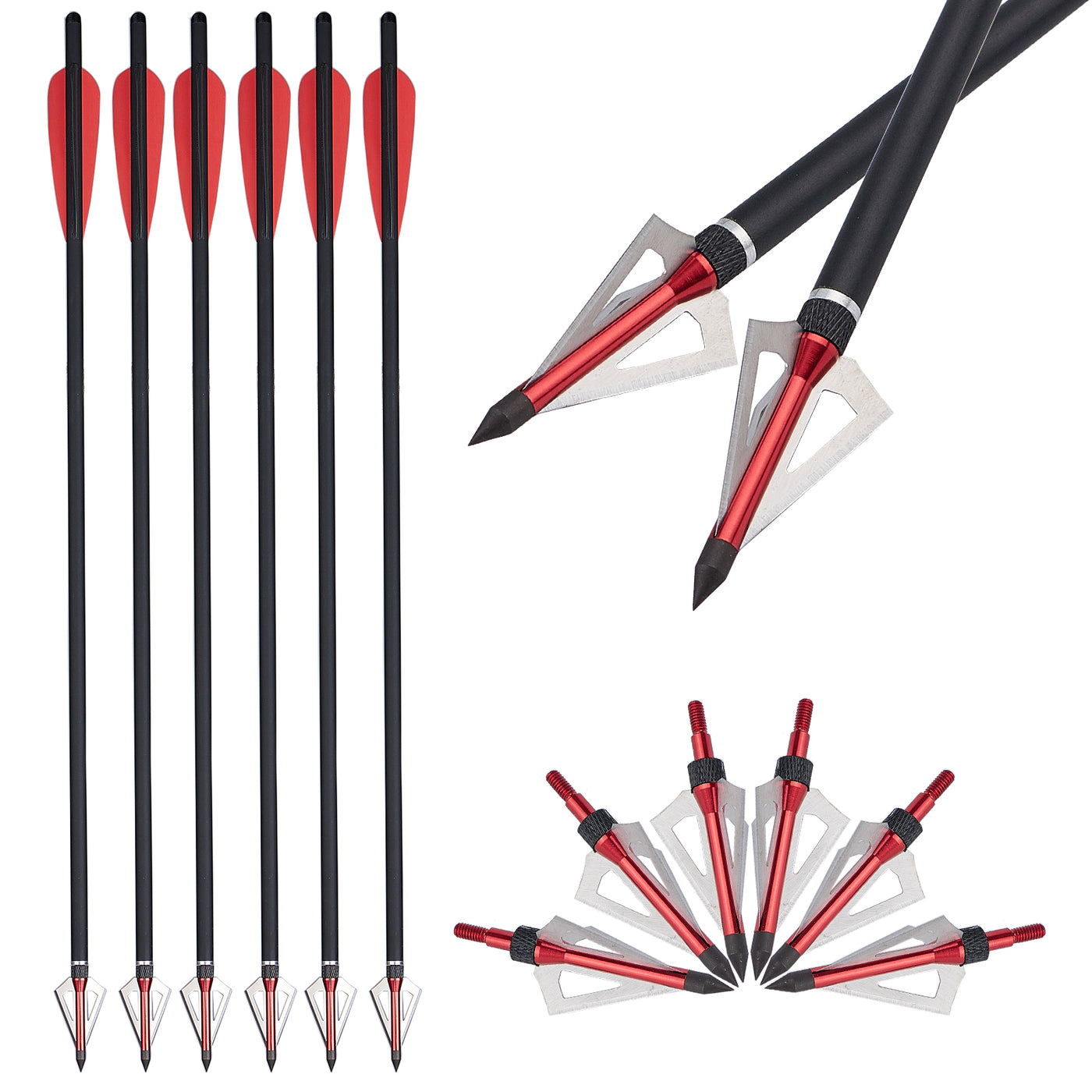 6x 20" Fletched Mixed Carbon Crossbow Archery Arrows Bolts and 6x 100-grain Broadheads