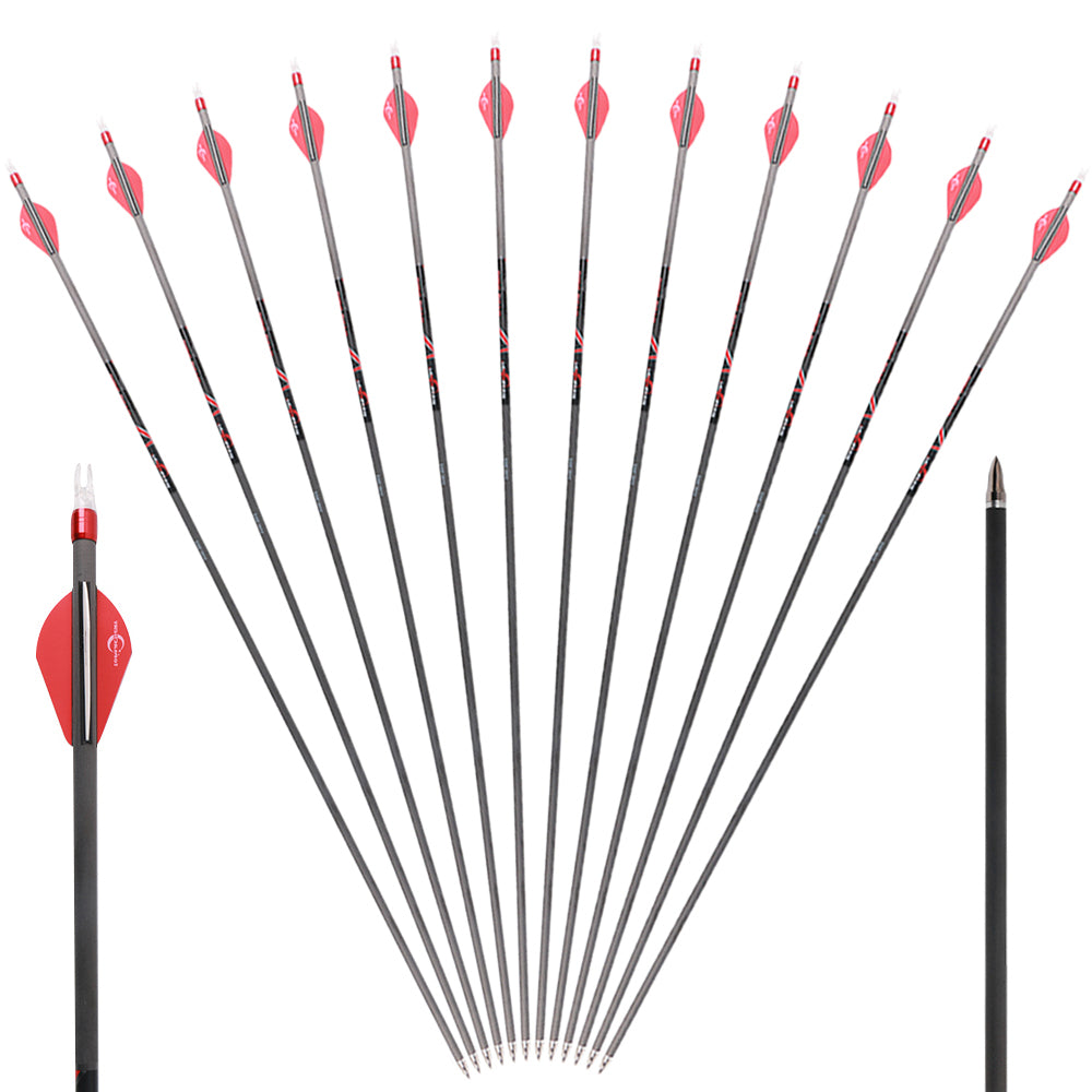 12x 32" TopArchery OD 7.5mm ID 6.2mm Spine 300 Red Pure Carbon Archery Arrows GPI 9 Straightness: 0.003